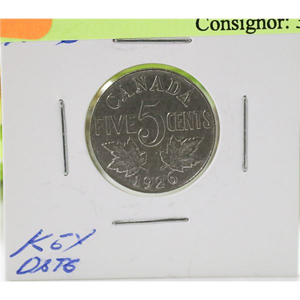KEY DATE 1926 CANADIAN GV 5 CENT COIN