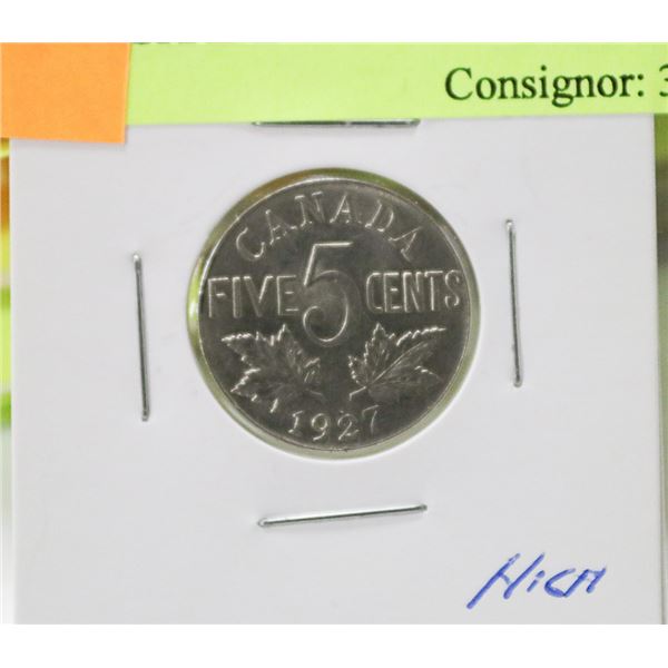 1927 CANADIAN GV 5 CENT COIN HIGHER GRADE