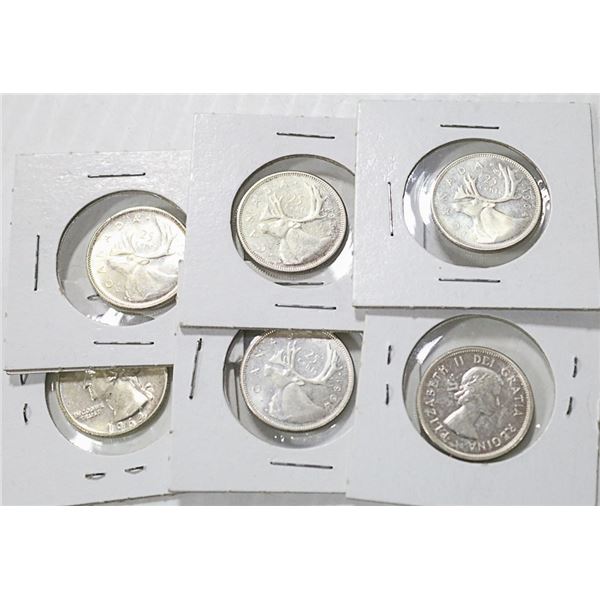 LOT OF 5 CANADIAN SILVER QUARTER, 1 USA QUARTER