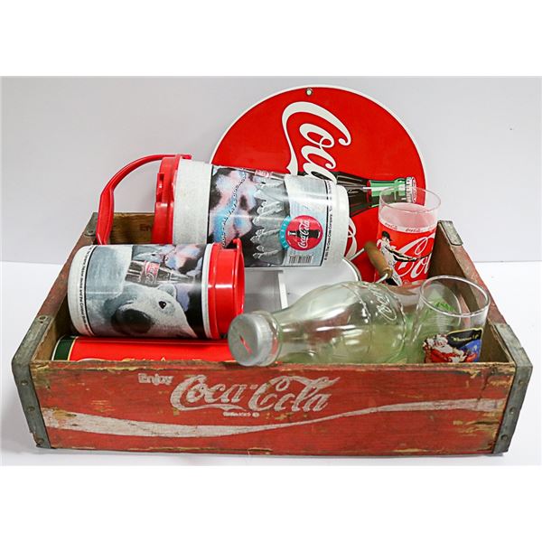 SM WOODEN CRATE WITH ASSORTED COKE ITEMS
