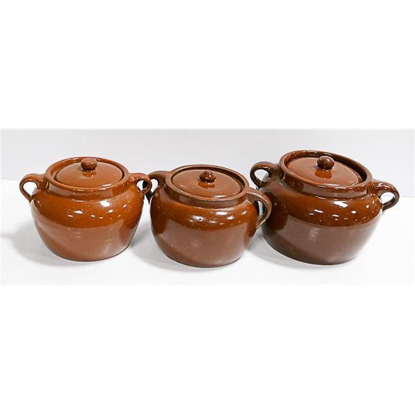 3 BROWN BEAN POTS W/ LIDS MEDELTA CROCKERY
