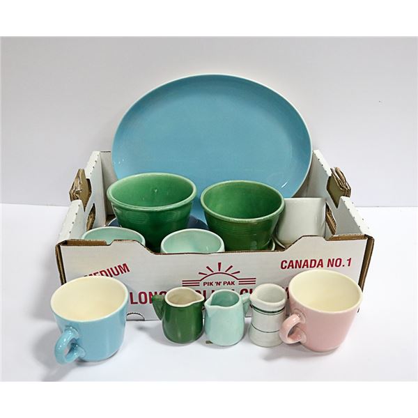 2 PASTEL COFFEE MUGS, WATER CUP, TEA BOWL