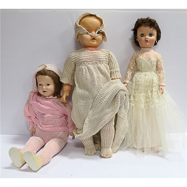3 ANTIQUE LARGE DOLLS W/CLOTHS