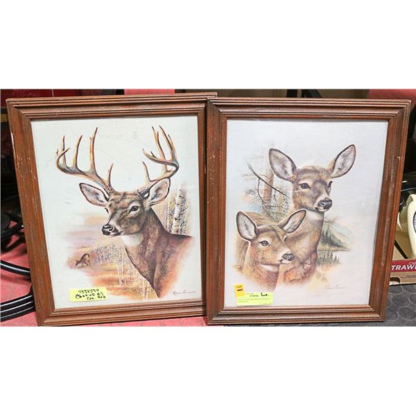 SET OF 2 VINTAGE WOOD FRAMED - TWO DOES
