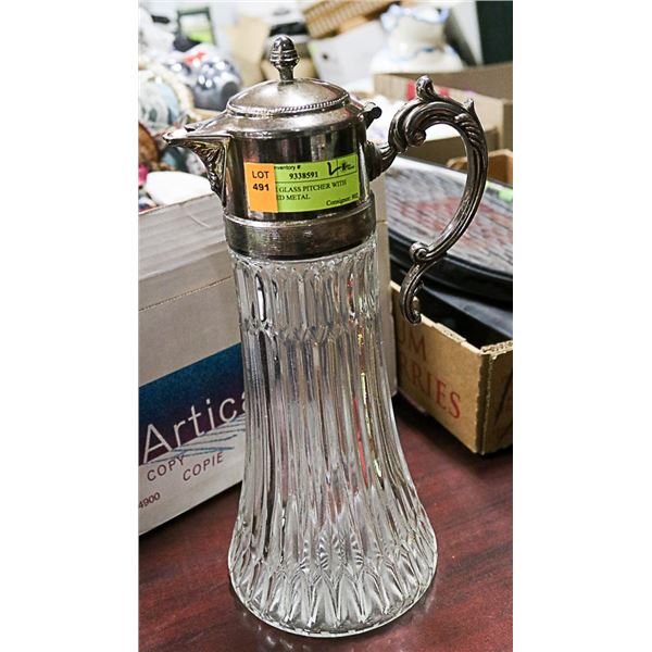 VINTAGE GLASS PITCHER WITH ATTACHED METAL