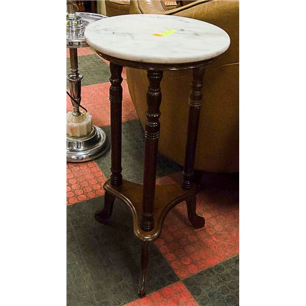 3 LEGGED MARBLE TOP & WOOD VINTAGE STAND TABLE