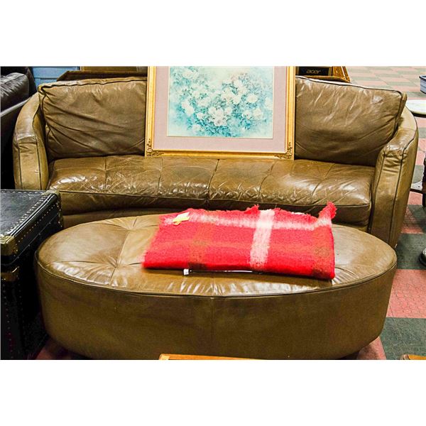 PREVIOUSLY ENJOYED BROWN LEATHER SOFA WITH OTTOMAN