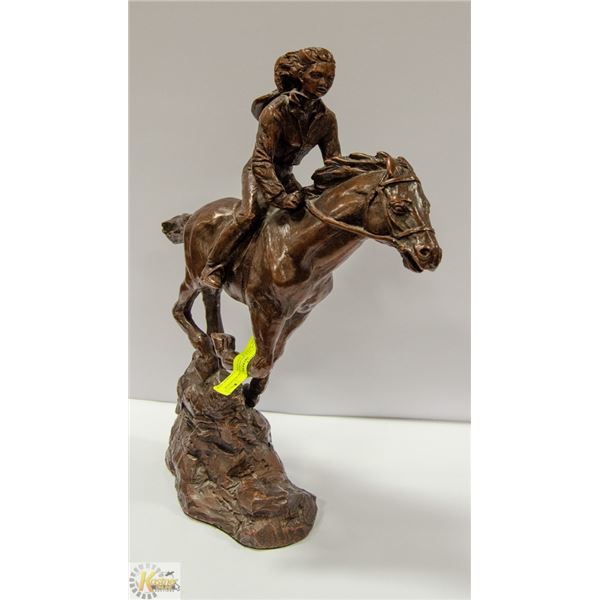 LARGE 19"H BRONZED HORSEBACK GIRL STATUE. ESTATE