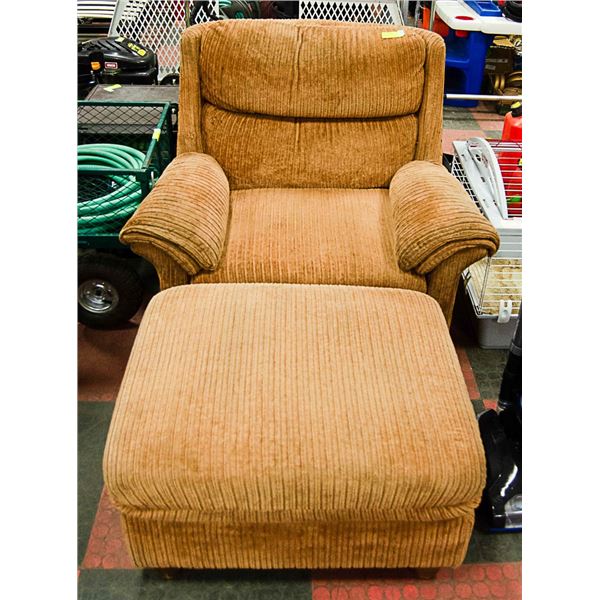 UPHOLSTERED COPPER COLORED CHAIR & OTTOMAN