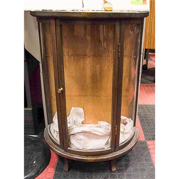 ANTIQUE CURIO CABINET /W ORIG CURVED GLASS