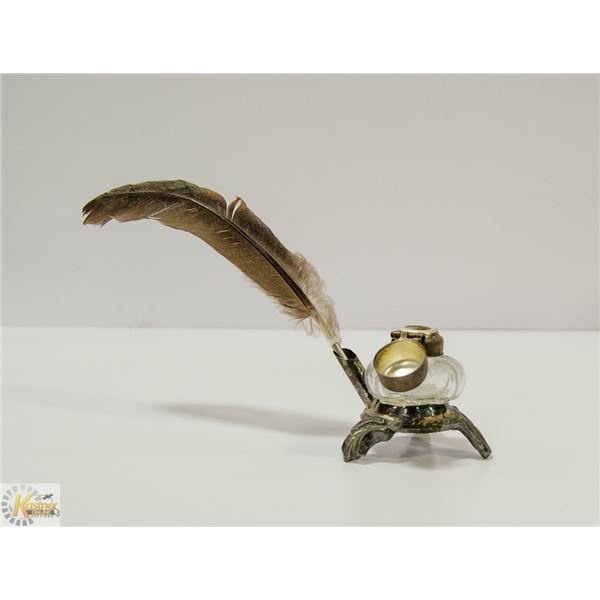 ANTIQUE INKWELL /W QUILL PEN & NIB