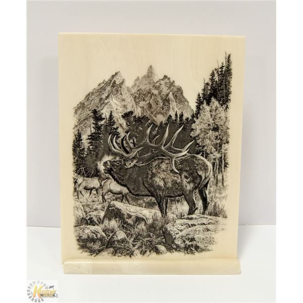 VINTAGE ETCHED ON MARBLE BUGLING ELK ON STAND