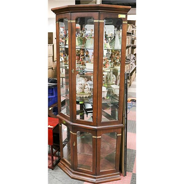 WOOD & GLASS CORNER CURIO DISPLAY CABINET