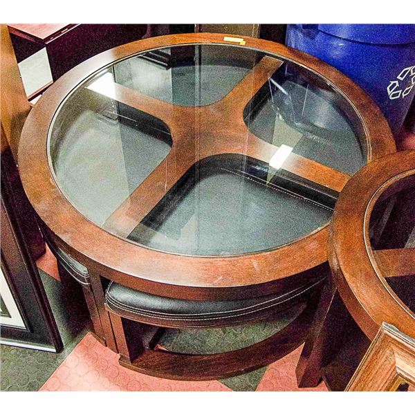 SOLID DARK WOOD AND GLASS ROUND COFFEE