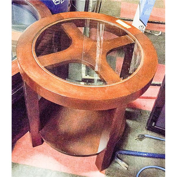 SOLID DARK WOOD ROUND SIDE TABLE WITH GLASS
