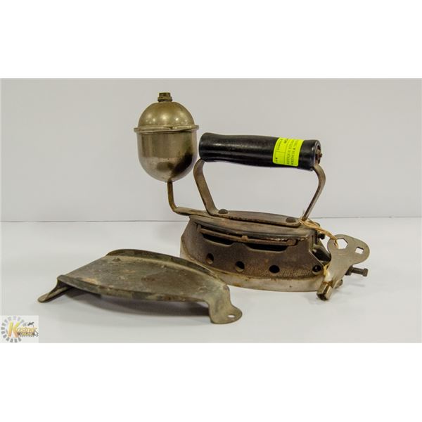 ANTIQUE STEAM SAD IRON /W KEY WRENCH & TRIVET