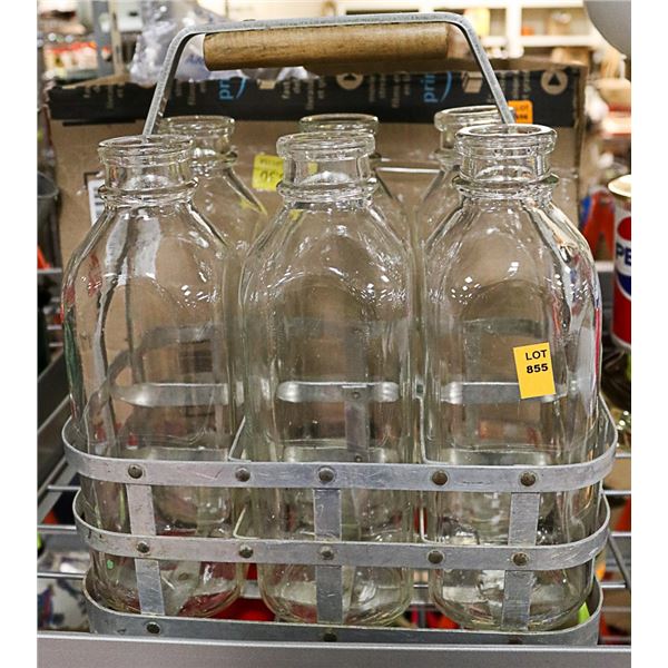 VINTAGE MILK BOTTLE HOLDER WITH GLASS MILK BOTTLES