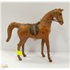 Image 1 : ANTIQUE GLASS EYE LEATHER HORSE WITH SADDLE. 13"