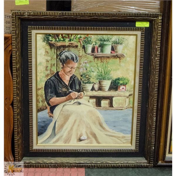 "MY FAVORITE HOBBY" OIL ON BOARD, ANTIQUE FRAME