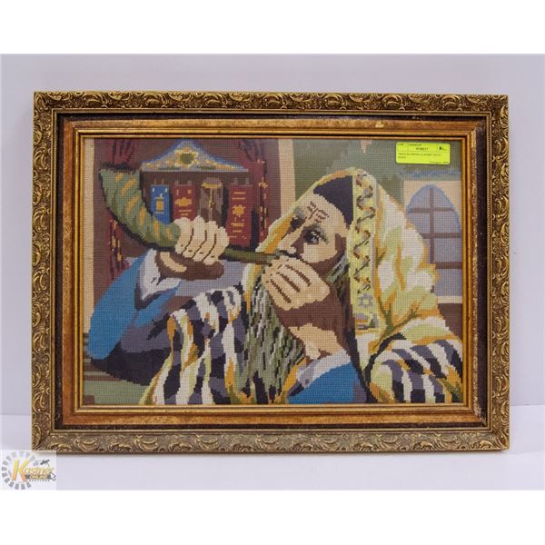 "MAN BLOWING A HORN" PETIT POINT