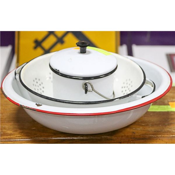 3 PC ANTIQUE RED / BLACK / WHITE ENAMELWARE