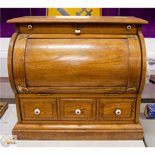 ANTIQUE OAK BARREL FRONT OFFICE DESK CABINET