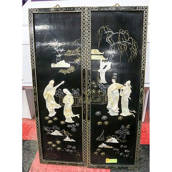 PAIR ORIENTAL RAISED MOTHER OF PEARL BLACK LACQUER