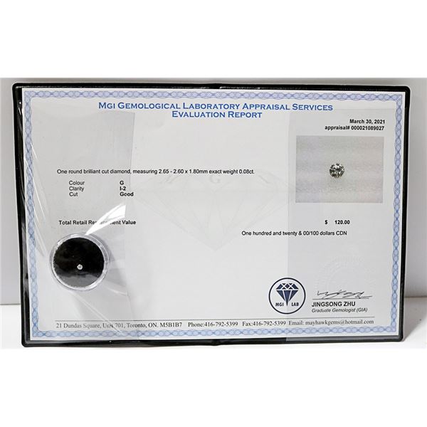 MGI LAB APPRAISED COA GENUINE 0.08ct DIAMOND
