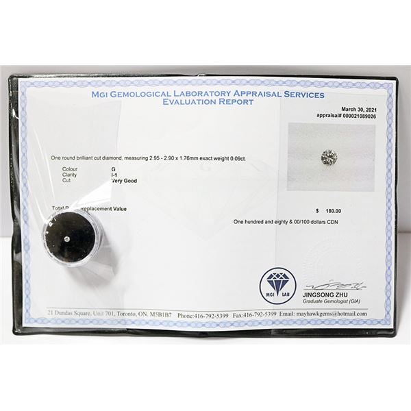 MGI LAB APPRAISED COA GENUINE 0.09ct DIAMOND