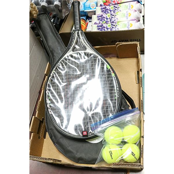 LOT OF BADMINTON RAQUETS & TENNIS BALLS;