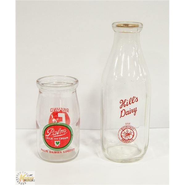 2 ANTIQUE MILK / DAIRY BOTTLES - PALM & HILLS