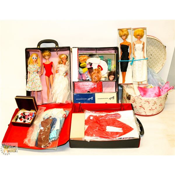2 BARBIE CASES WITH 5 BARBIES, 1 MIDGE &