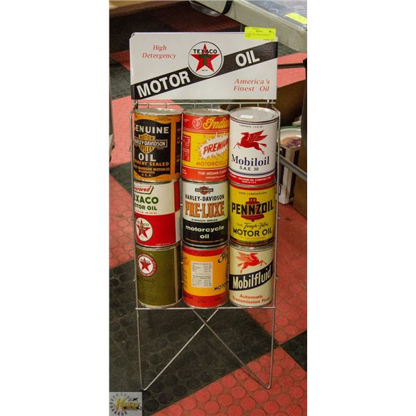 9 LARGE OIL CANS ON TEXACO STAND