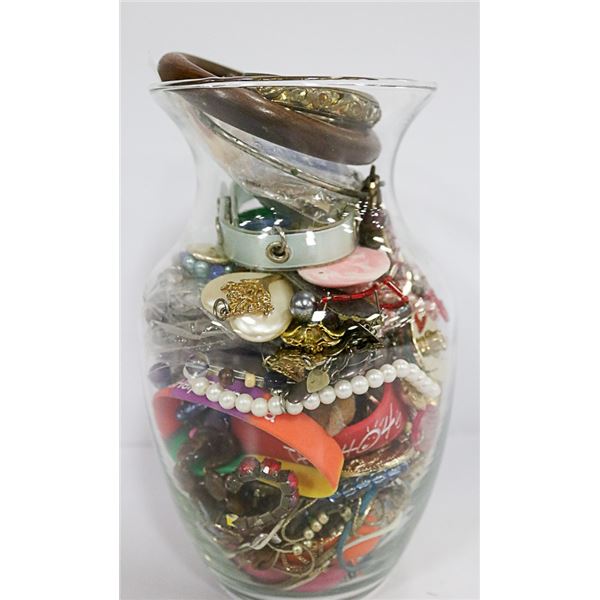 ESTATE VASE OF COSTUME JEWELRY, BRACELETS, EARINGS
