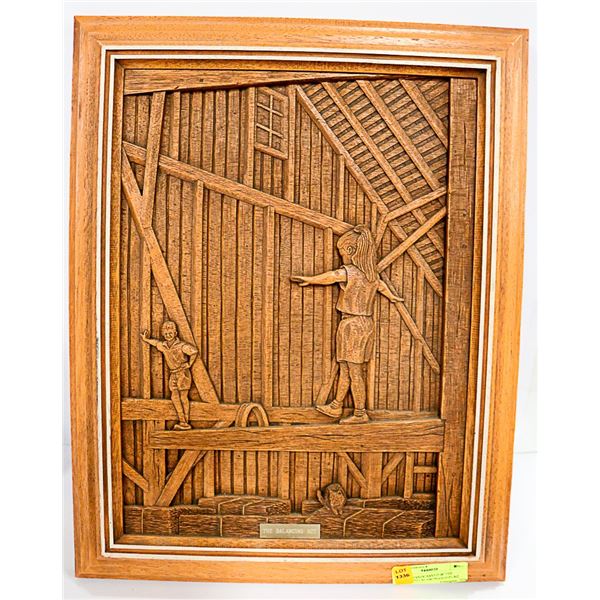 SIGNED HANDCARVED THE BALANCING ACT" OLD PLAQUE