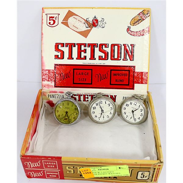CIGAR BOX W/ 3 ANTIQUE WESTCLOX POCKET WATCHES