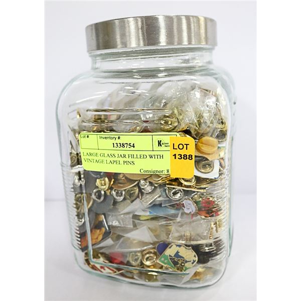LARGE GLASS JAR FILLED WITH VINTAGE LAPEL PINS