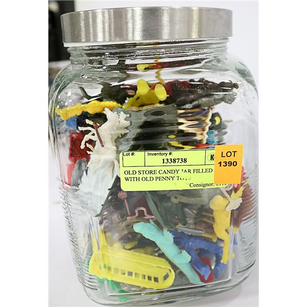 OLD STORE CANDY JAR FILLED WITH OLD PENNY TOYS