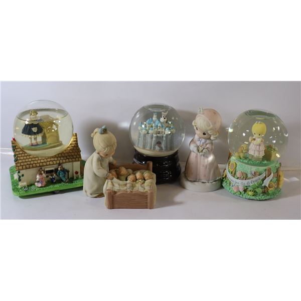 FLAT OF SNOW GLOBES & PRECIOUS MOMENTS DECOR