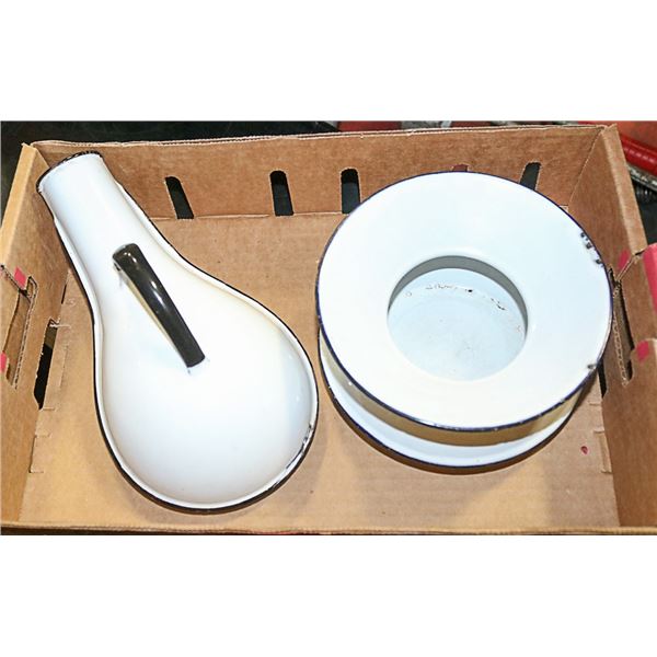 VINTAGE ENAMEL MALE URINAL AND ENAMEL SPITTOON