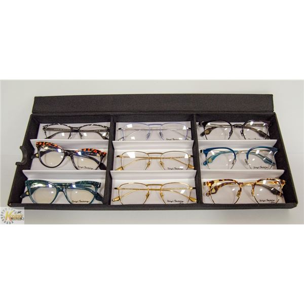 TRAY OF 9 PAIR VINYL FACTORY EYEGLASS FRAMES