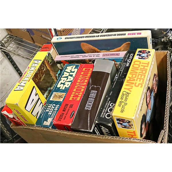 BOX OF VINTAGE PUZZLES INCL. THREES COMPANY,