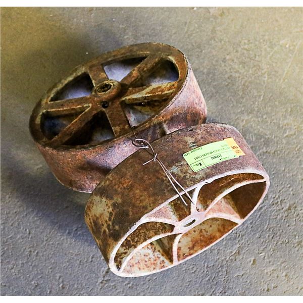 2 ANTIQUE GOLD MONERS CART WHEELS