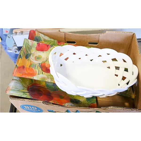 GLASS FLORAL TRAYS SET OF 3, GLASS BASKET