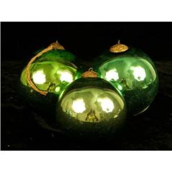 THREE GREEN KUGEL CHRISTMAS ORNAMENTS