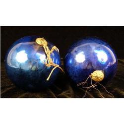 TWO COBALT BLUE KUGEL CHRISTMAS ORNAMENTS