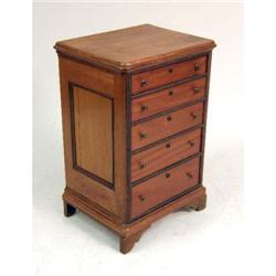 A VICTORIAN FIGURED MAHOGANY DIMINUTIVE TALL CHEST OF DRAWERS