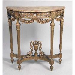 A NEOCLASSICAL STYLE MARBLE-TOP GILTWOOD DEMILUNE PIER TABLE