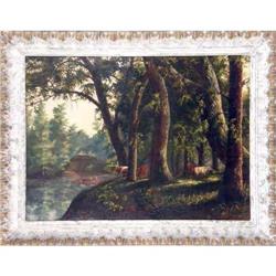 A FRAMED OIL ON CANVAS OF A BUCOLIC RIVER