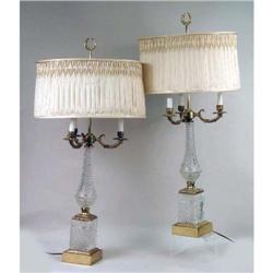 A PAIR OF COLORLESS GLASS AND GILT-DECORATED THREE-ARM TABLE LAMPS
